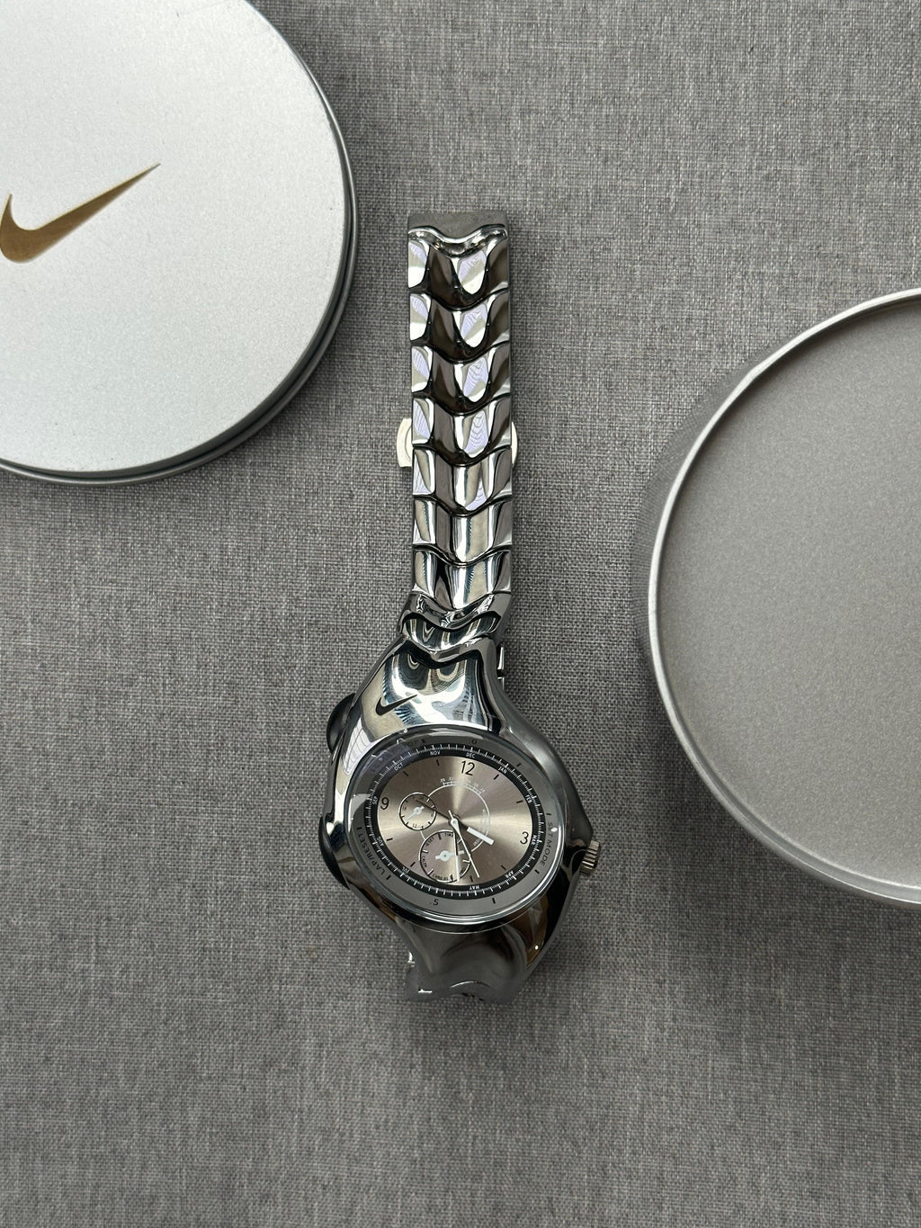 Nike Triax Chronograph Watch Silver on silver dial – Vintage Stainless Steel Sports Watch, Rare Collectible Timepiece