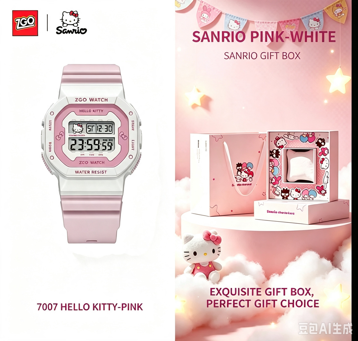 ZGO x Sanrio Hello Kitty Digital Sports Watch, 50M Waterproof LED Backlight Alarm Stopwatch Wrist Watch, Girls Student Watch With Sanrio Gift Box