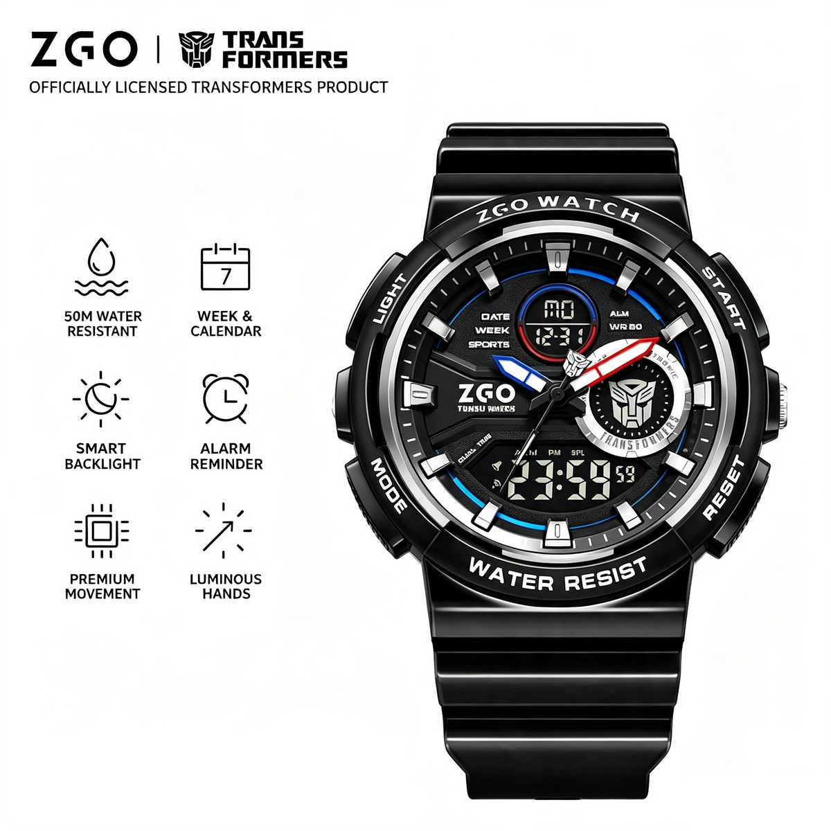 ZGO x Transformers Officially Licensed Dual‑Display Sports Watch, 50M Water Resistant Wrist Watch with Smart Backlight, Alarm, Week Calendar & Luminous Hands for Boys Teens